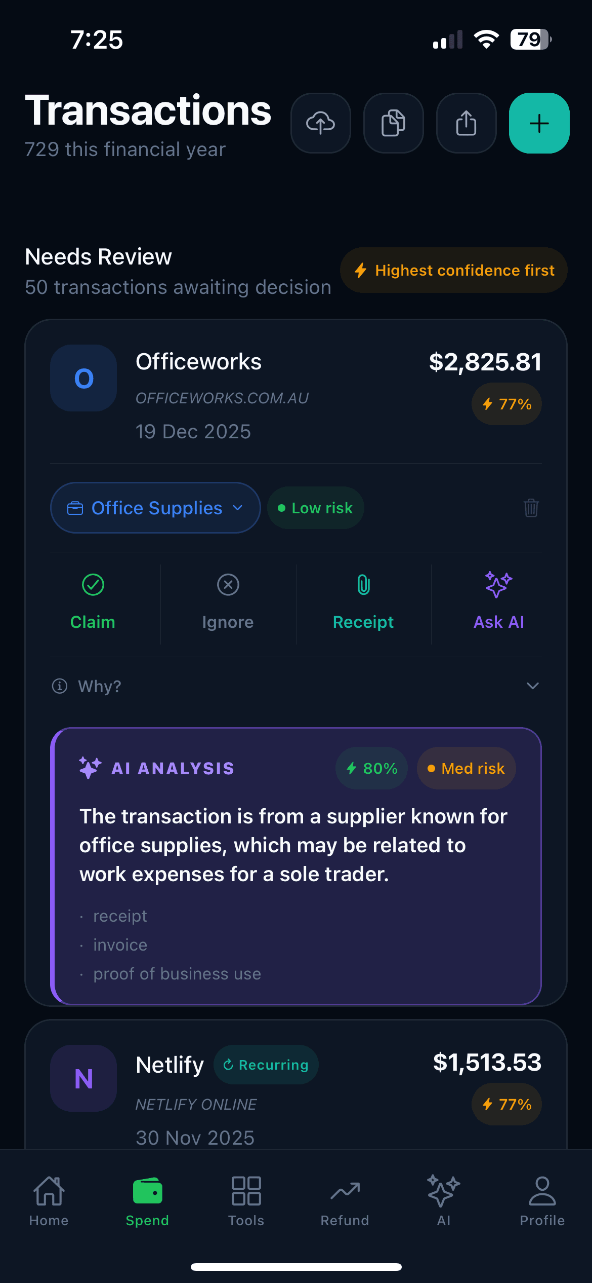 Kashio AI analysis of a single transaction, explaining why it may be claimable