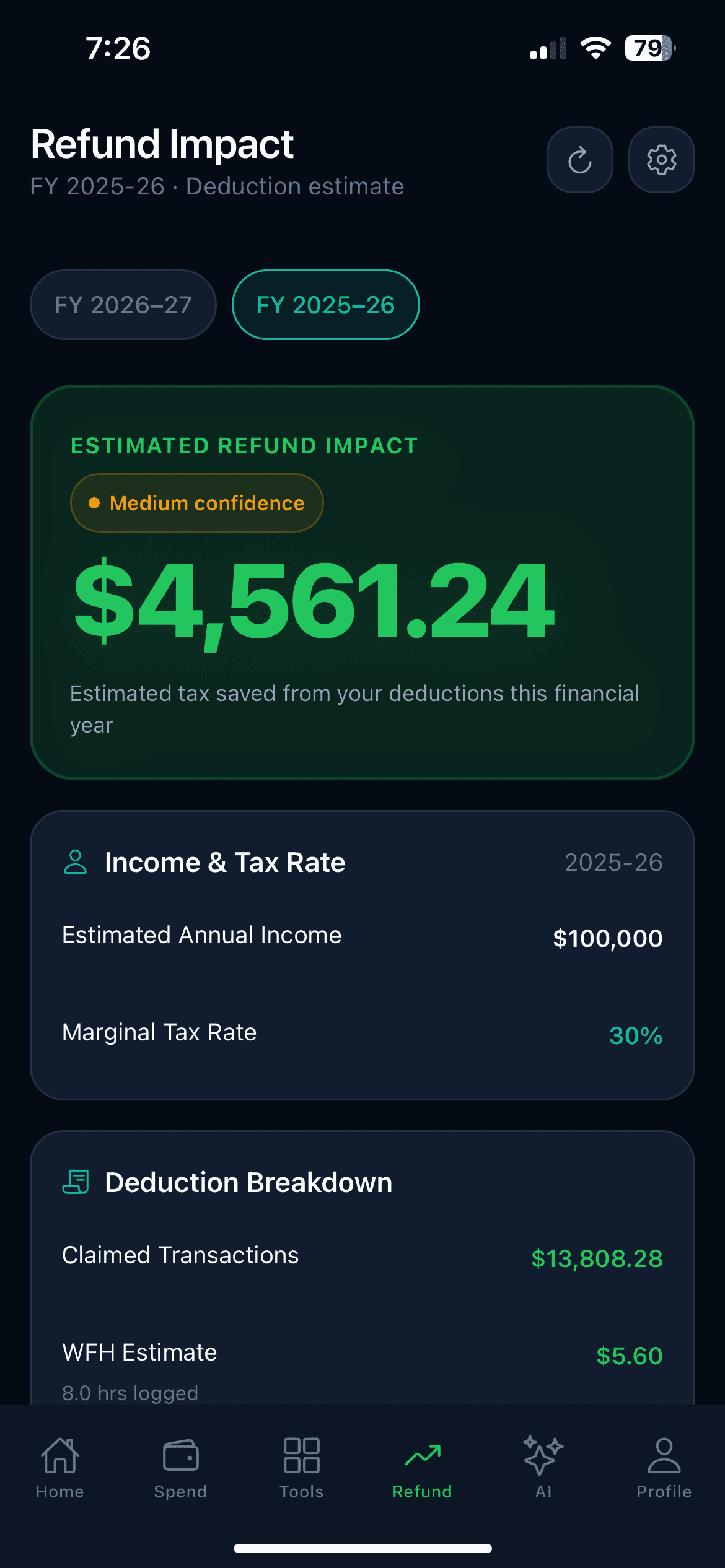 Kashio refund impact detail with a confidence badge and deduction breakdown