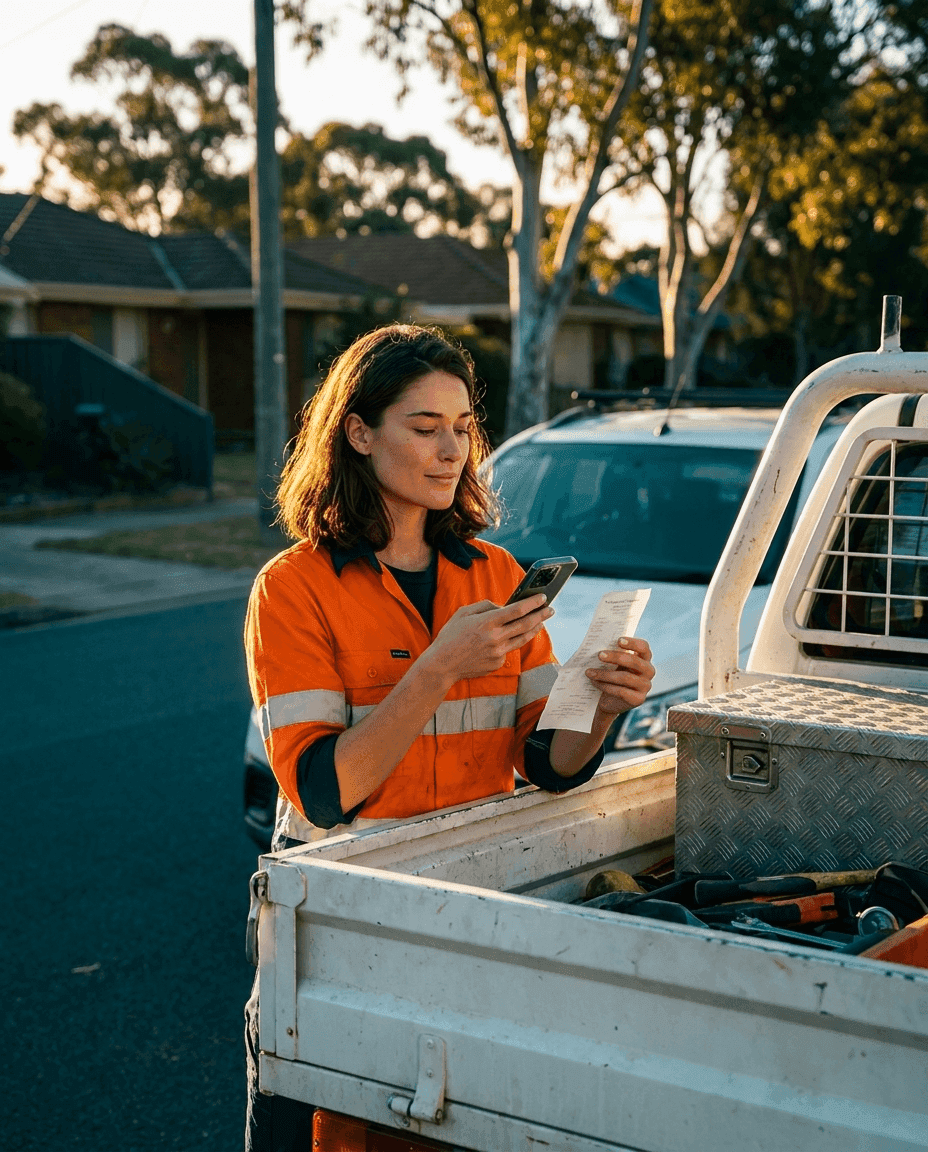 A tradie beside their work ute