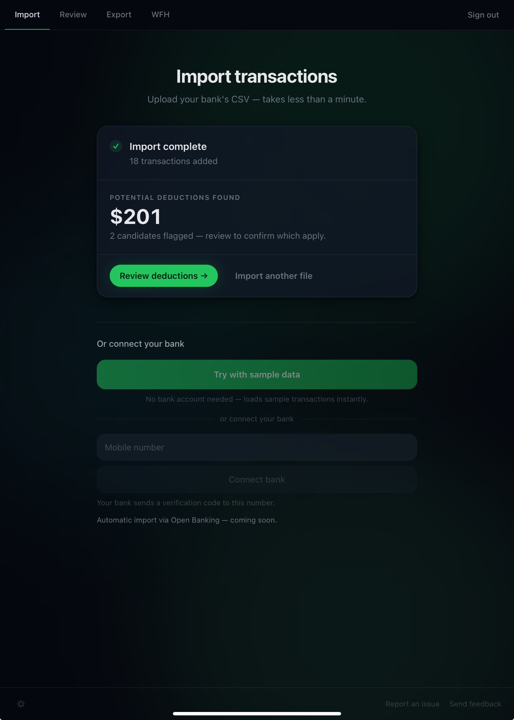 Kashio import complete — 18 transactions processed, $201 in potential deductions found