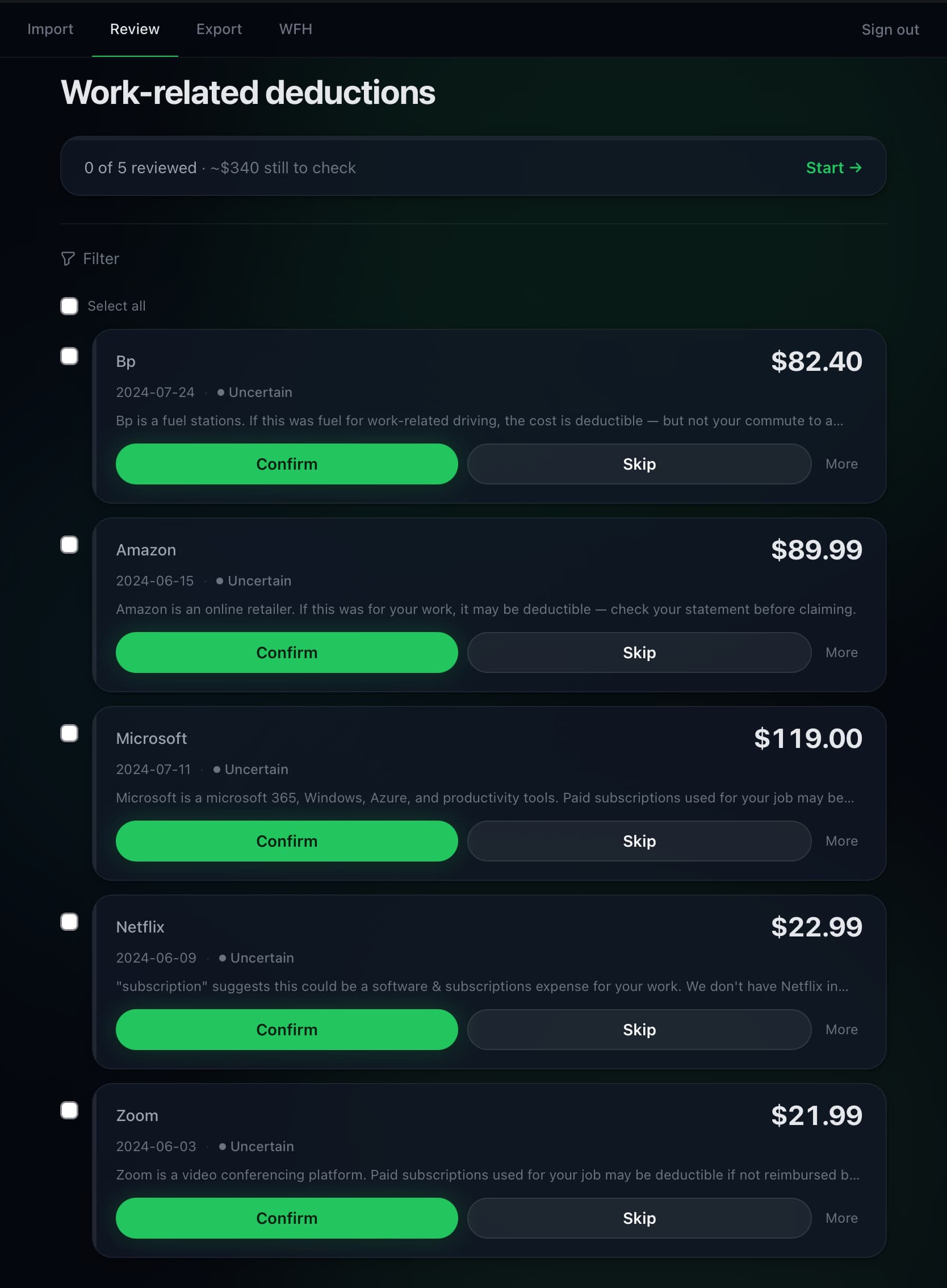 Kashio review screen showing work-related deduction candidates — Bp, Amazon, Microsoft, Netflix, Zoom